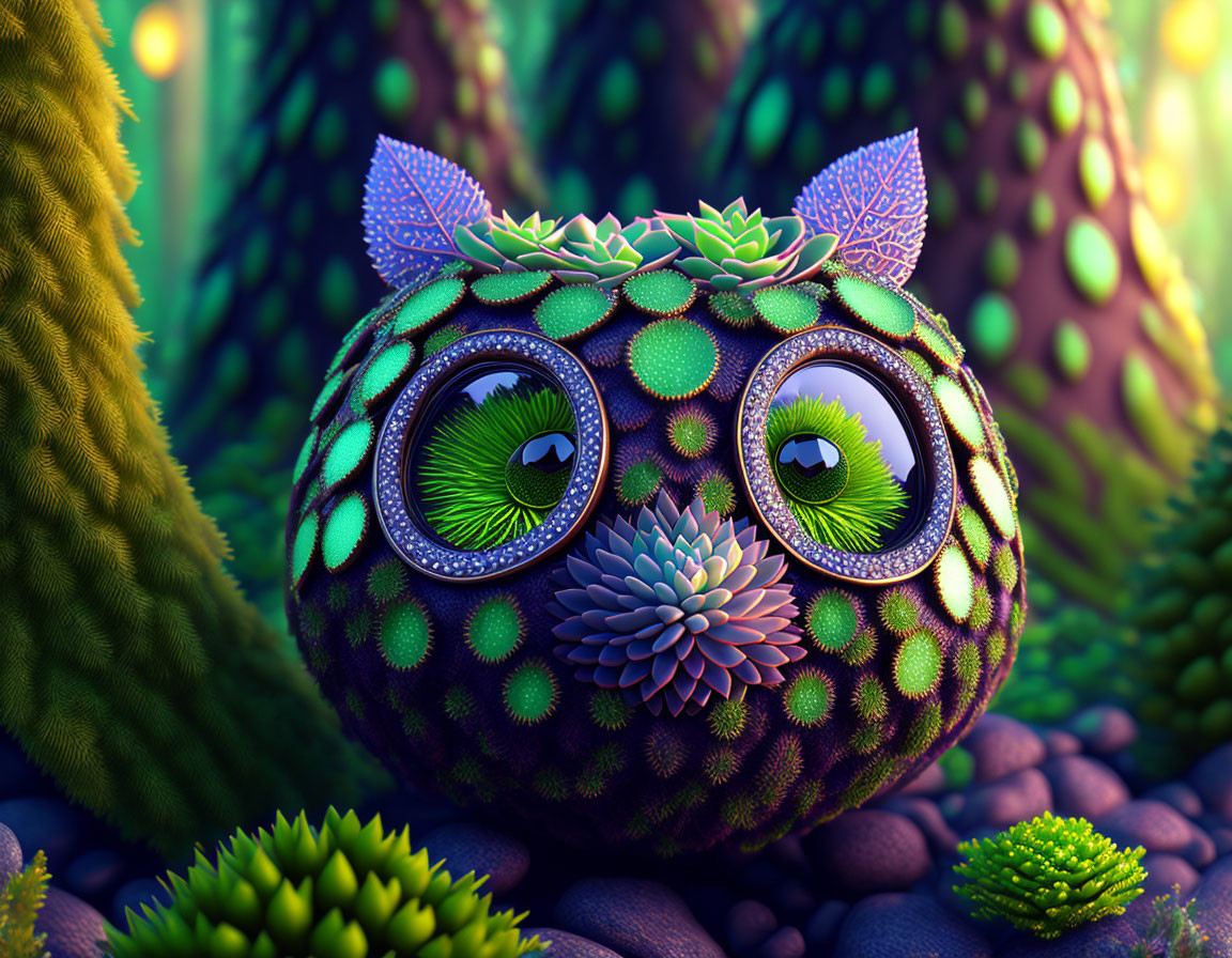 Whimsical owl-like creature with succulent plant feathers in garden setting