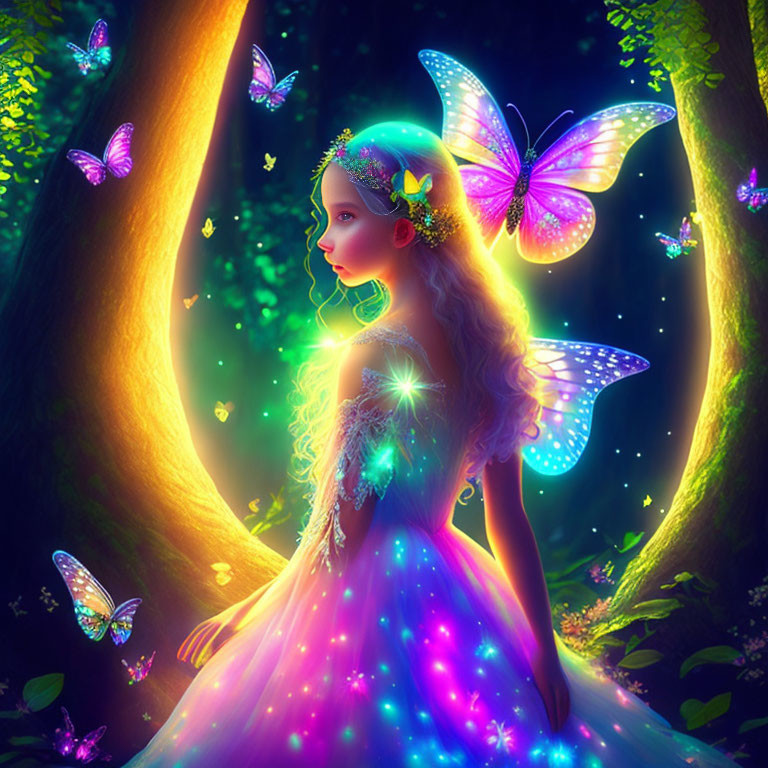 Glowing fairy with butterfly wings in luminescent forest