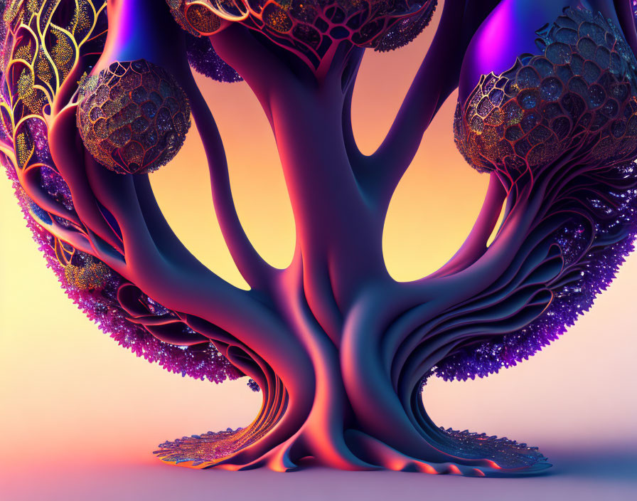 Colorful surreal tree with intricate patterns on canopy against warm background