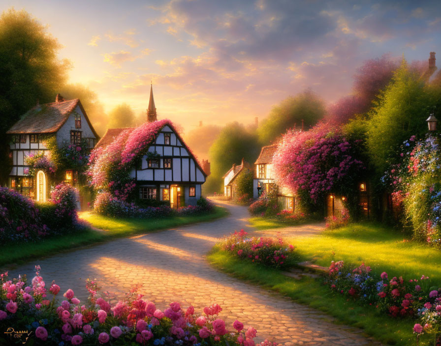 Picturesque Sunset Scene: Tudor Houses, Flowering Shrubs, Gardens, Streetlamps