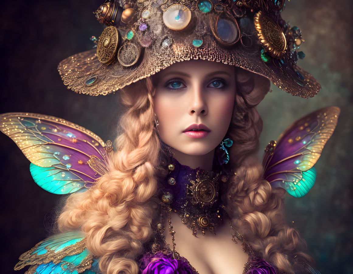 Portrait of a person with fairy-like makeup, gold headgear, butterfly wings, and golden curls