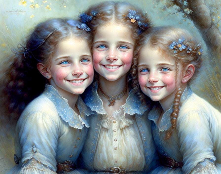 Three smiling girls with blue eyes and braided hair in vintage dresses against floral backdrop