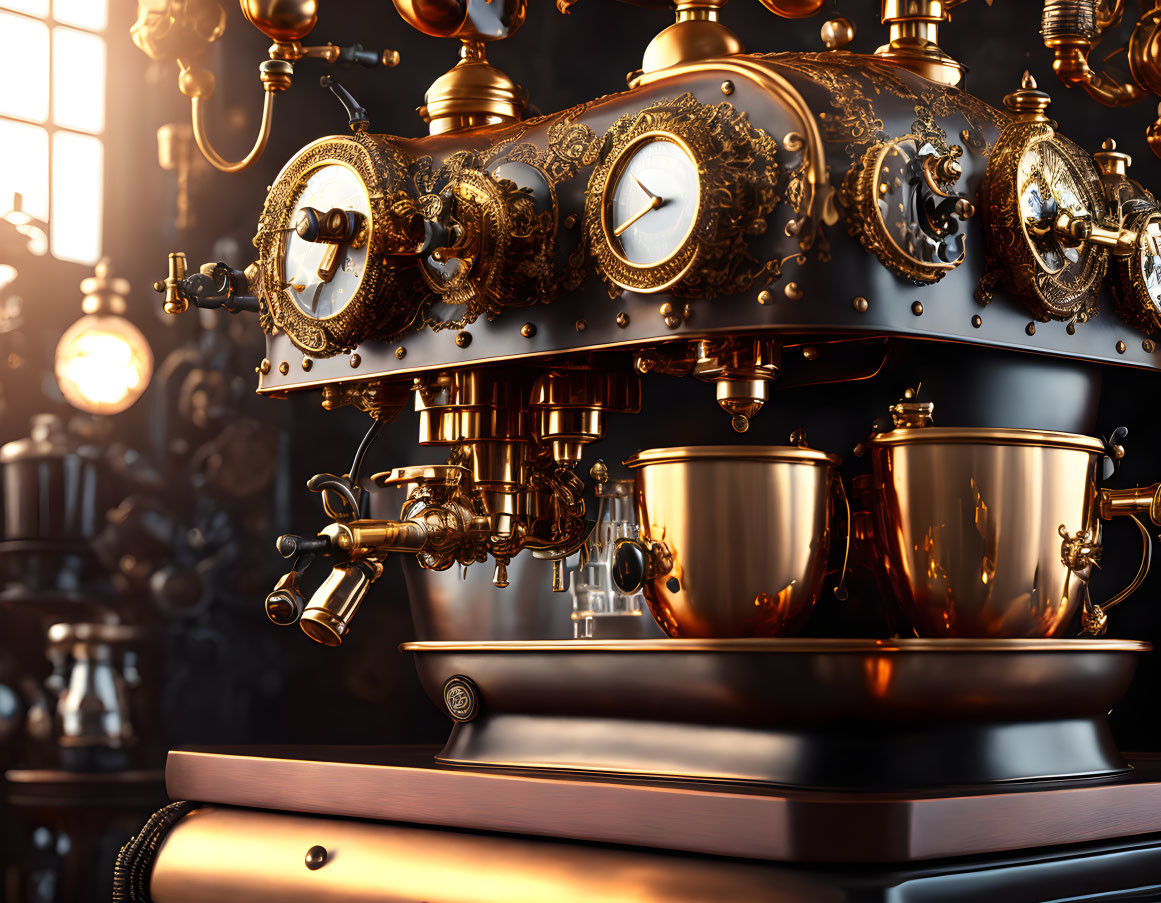 Vintage Espresso Machine with Brass and Gold Details in Warm Lighting