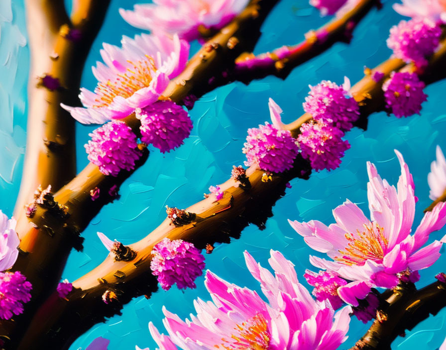 Bright Pink Cherry Blossoms on Branches Against Turquoise Sky