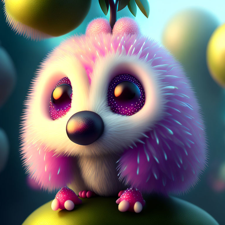 Fluffy Pink and Purple Creature with Sparkly Eyes and Yellow Fruit