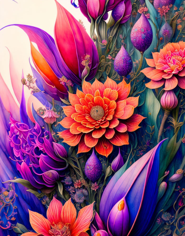 Colorful Floral Artwork with Orange Flower and Detailed Petals