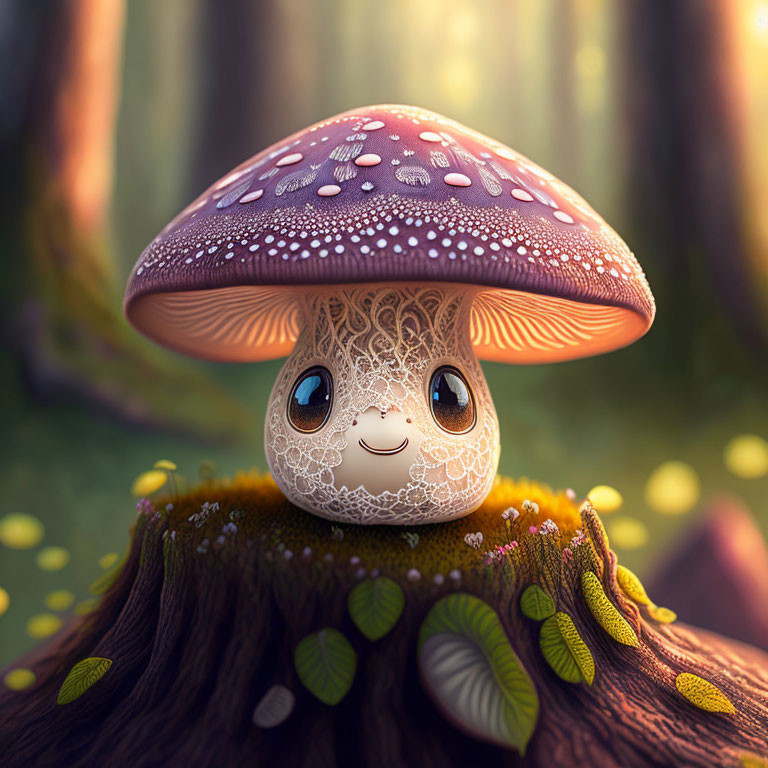 Whimsical mushroom character in enchanted forest illustration