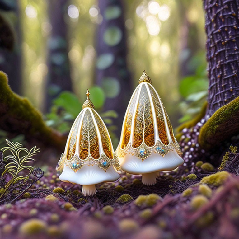 Jewel-Encrusted Mushrooms in Mystical Forest Setting