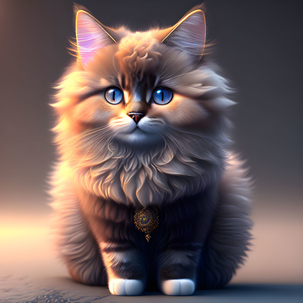 Fluffy Long-Haired Cat with Blue Eyes and Golden Pendant