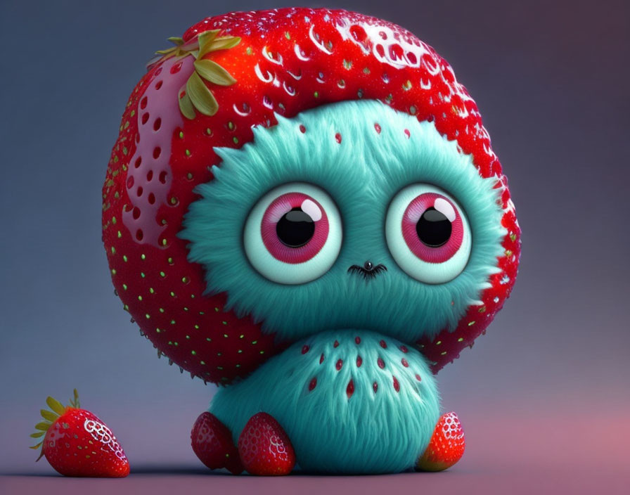 Whimsical character with strawberry hat and blue body on purple backdrop