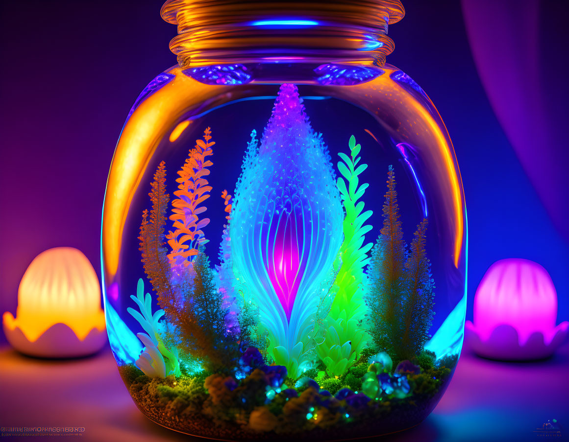 Colorful Artificial Underwater Scene in Glass Jar with Illuminated Plant-like Structures