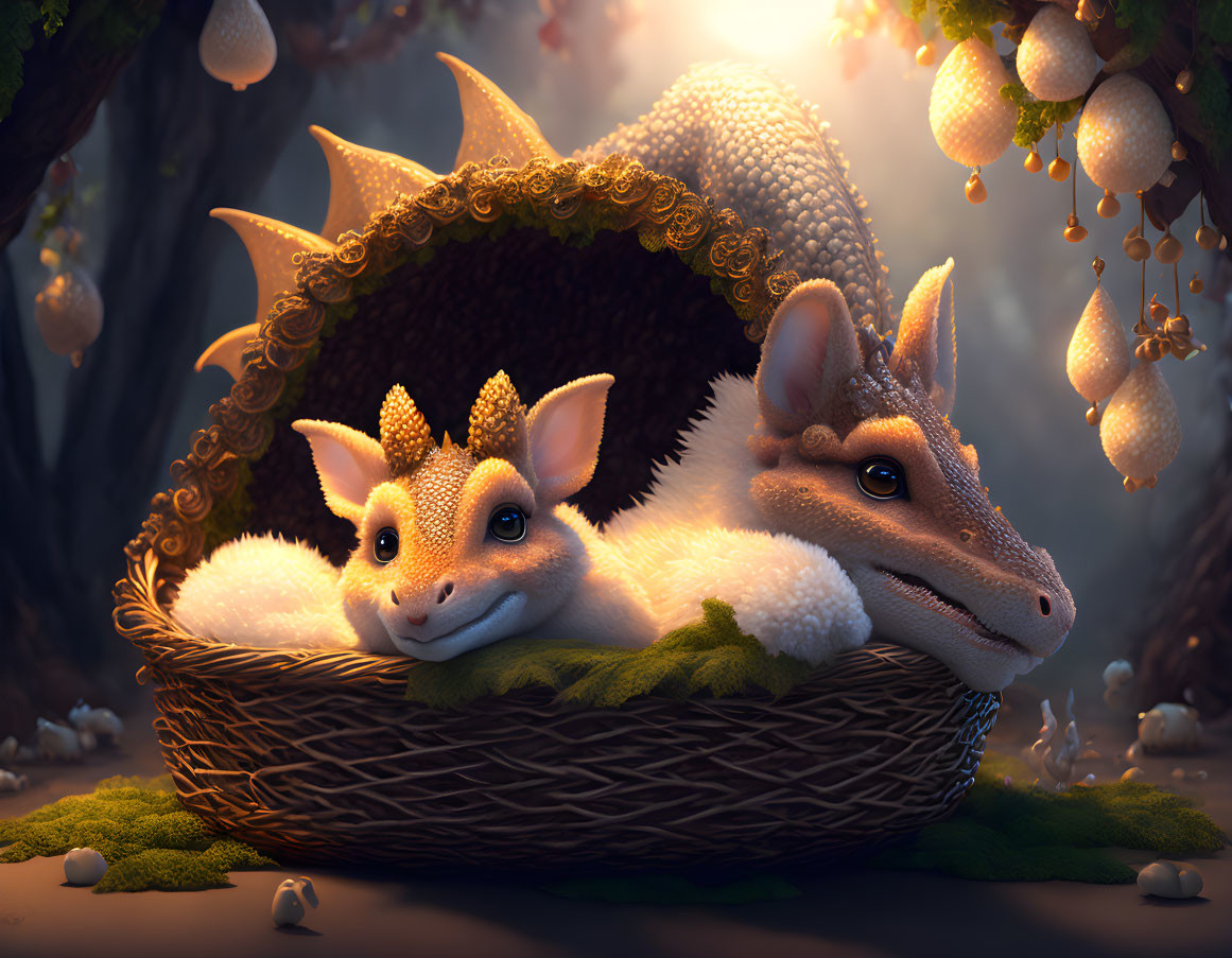 Baby dragons in wicker basket in mystical forest glade