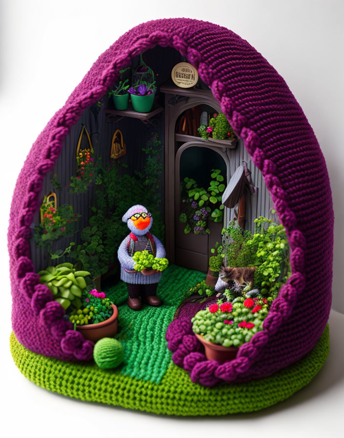 Handcrafted knitted house diorama with garden, animal figure, and character in glasses