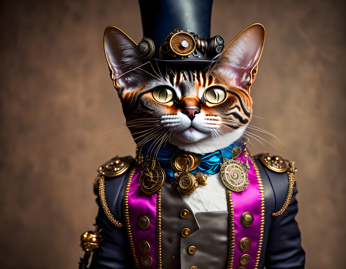 Steampunk cat with striking eyes in top hat and goggles