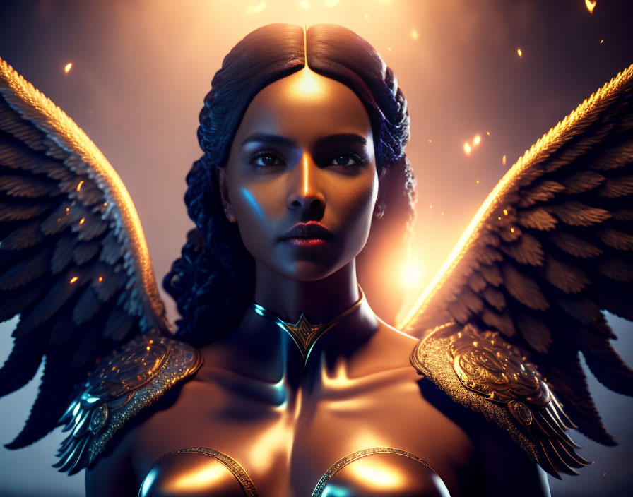 Digital artwork featuring woman with dark hair in winged armor and glowing blue facial markings on warm backdrop