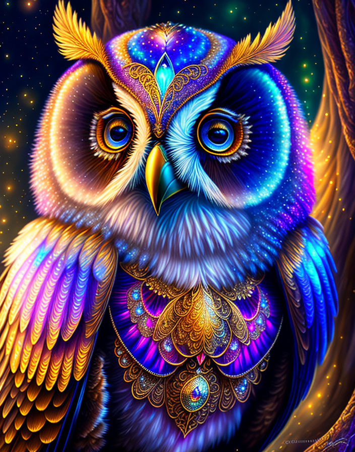 Vibrant Owl Artwork in Blue, Purple, and Gold with Intricate Patterns