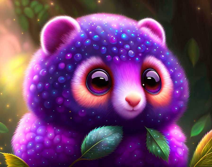 Colorful fluffy creature with glossy eyes in soft foliage