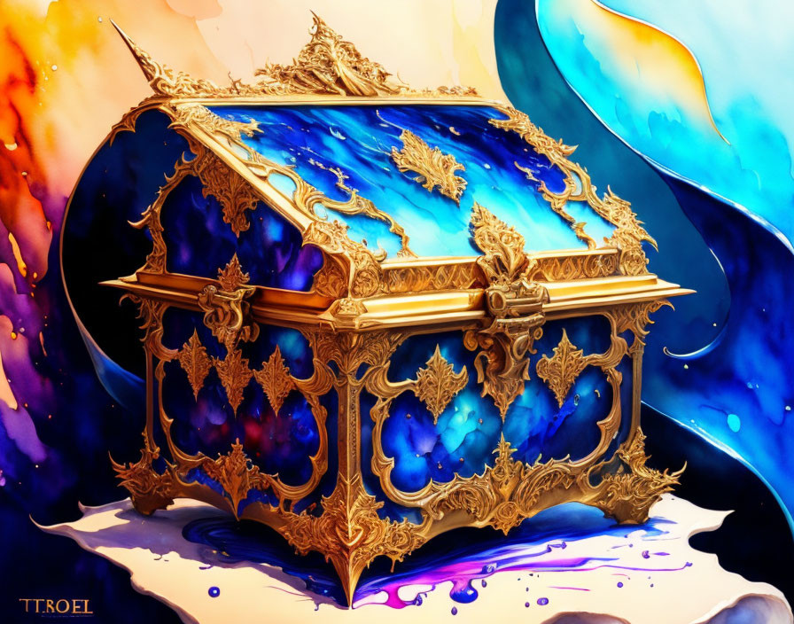 Intricate gold and cobalt blue treasure chest on abstract background