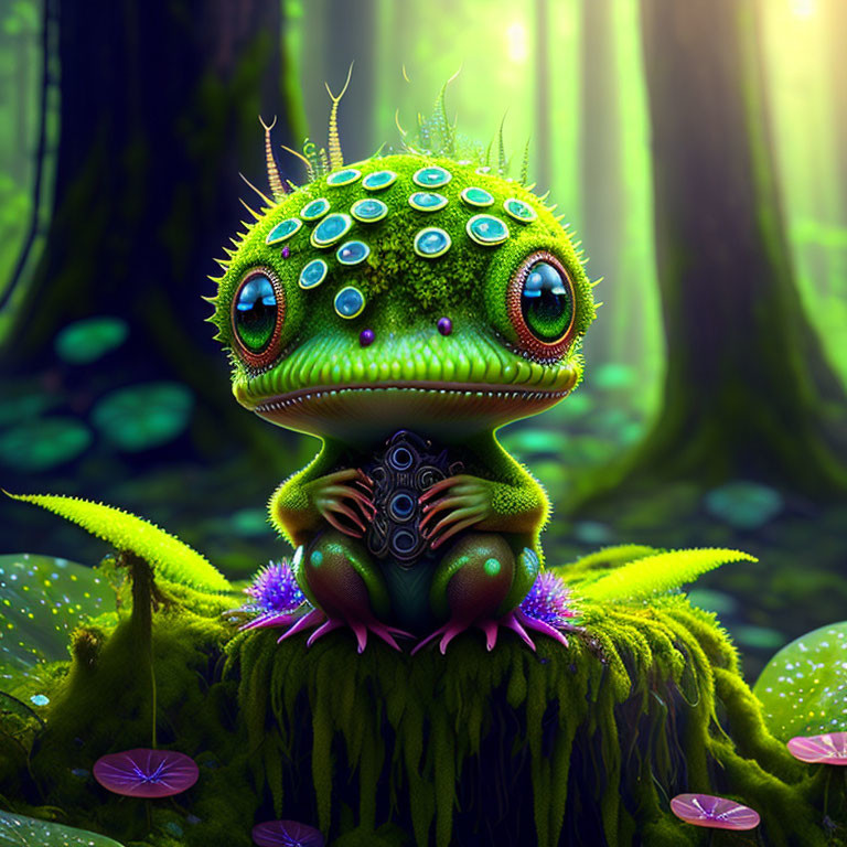 Vibrant illustration: Fantastical frog with jewel-like eyes in enchanted forest