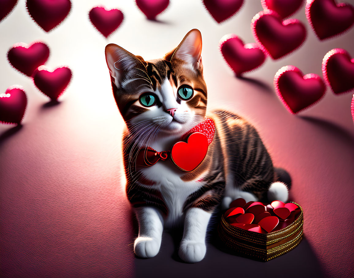 Tabby Cat with Green Eyes Next to Heart Collar and Chocolates