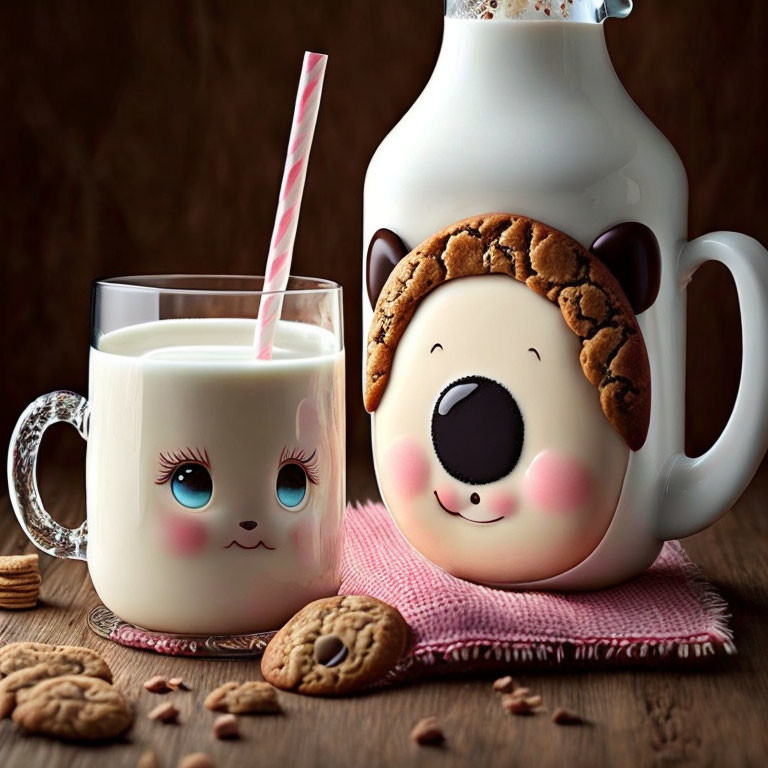 Bear-faced mug with milk, glass with striped straw, cookies, and milk bottle on wooden surface