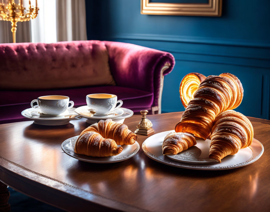 Golden croissants, coffee cups, and bell on elegant breakfast table.