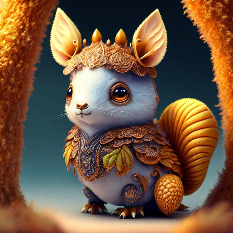 Illustration of a squirrel in golden armor on soft background