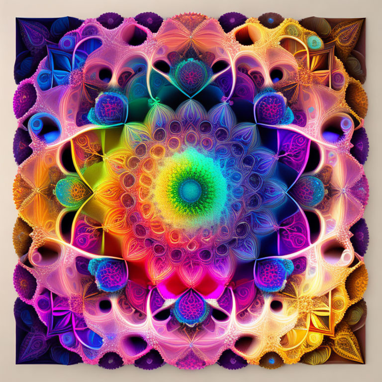 Symmetrical neon fractal art with vibrant pink to blue colors and green core