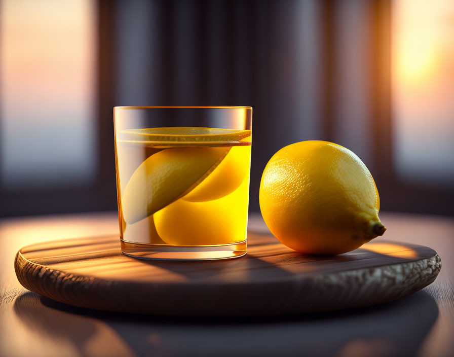 Glass of Water with Lemon Slice on Wooden Tray in Sunlight