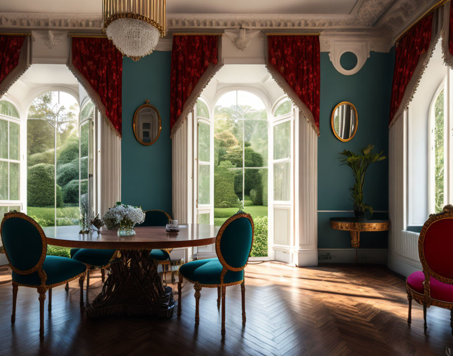 Sophisticated room with teal walls, red curtains, hardwood floors, rustic table, golden-framed