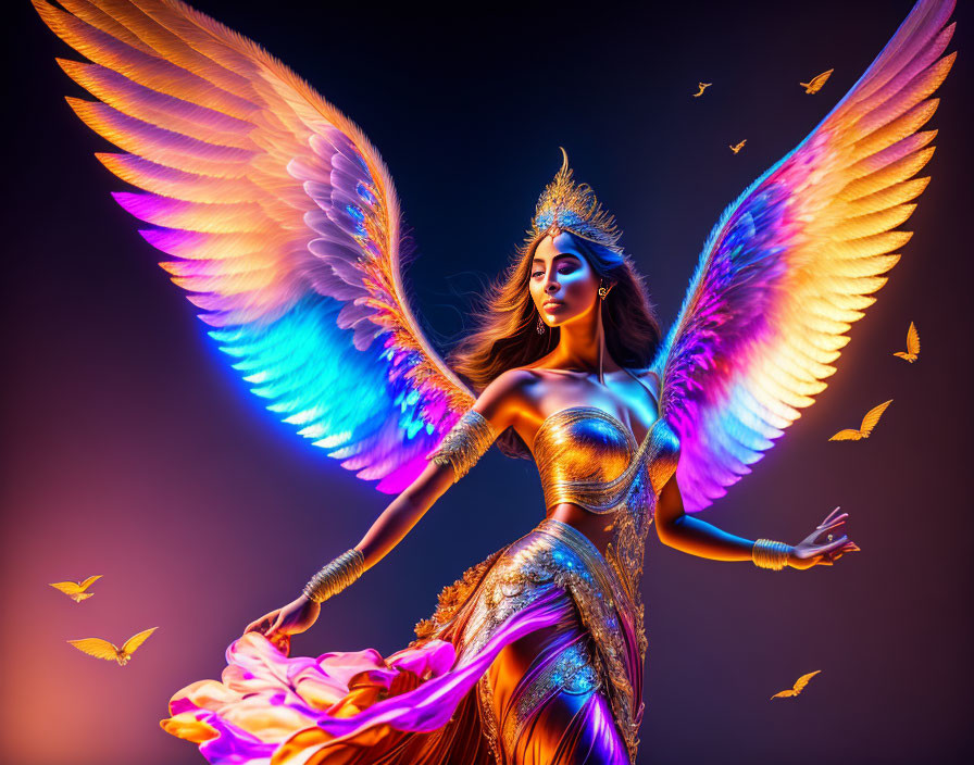 Colorful figure with rainbow wings and golden attire surrounded by butterflies