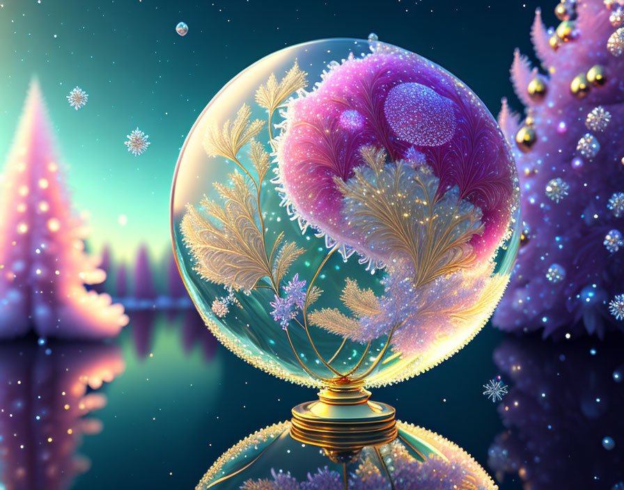 Colorful Fractal Snow Globe Art in Snowy Landscape