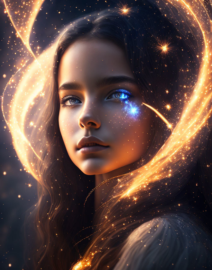 Digital portrait of girl with deep blue eyes and glowing lights in dark backdrop