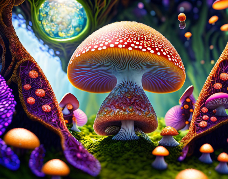 Whimsical forest with oversized mushrooms and fantastical plant life