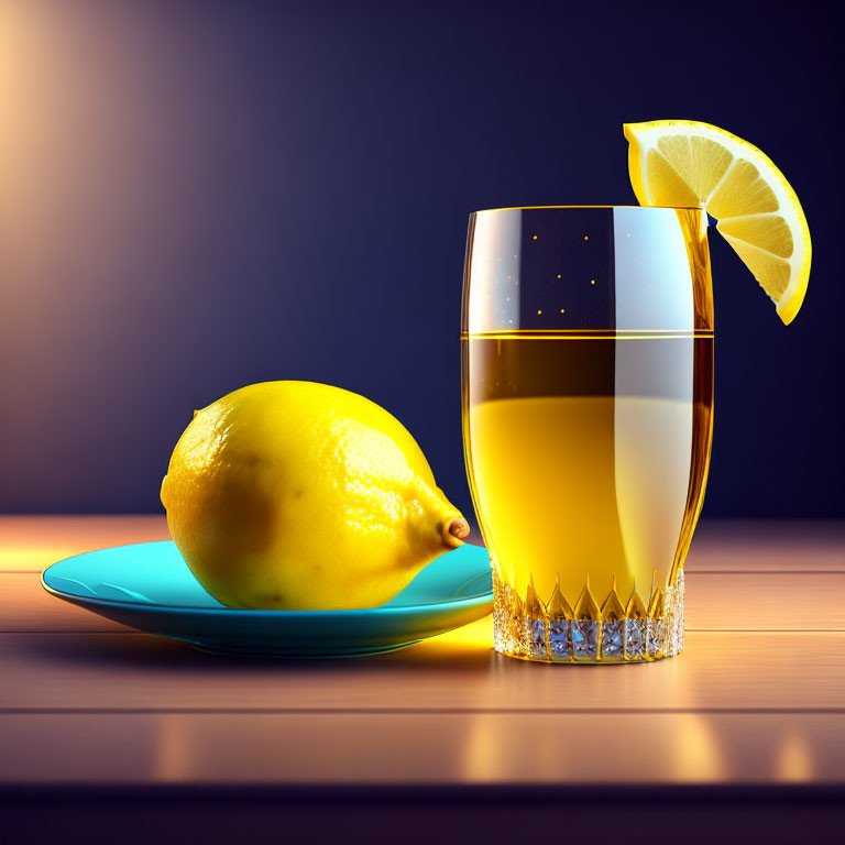 Lemon on Blue Saucer with Fizzy Drink and Wooden Table