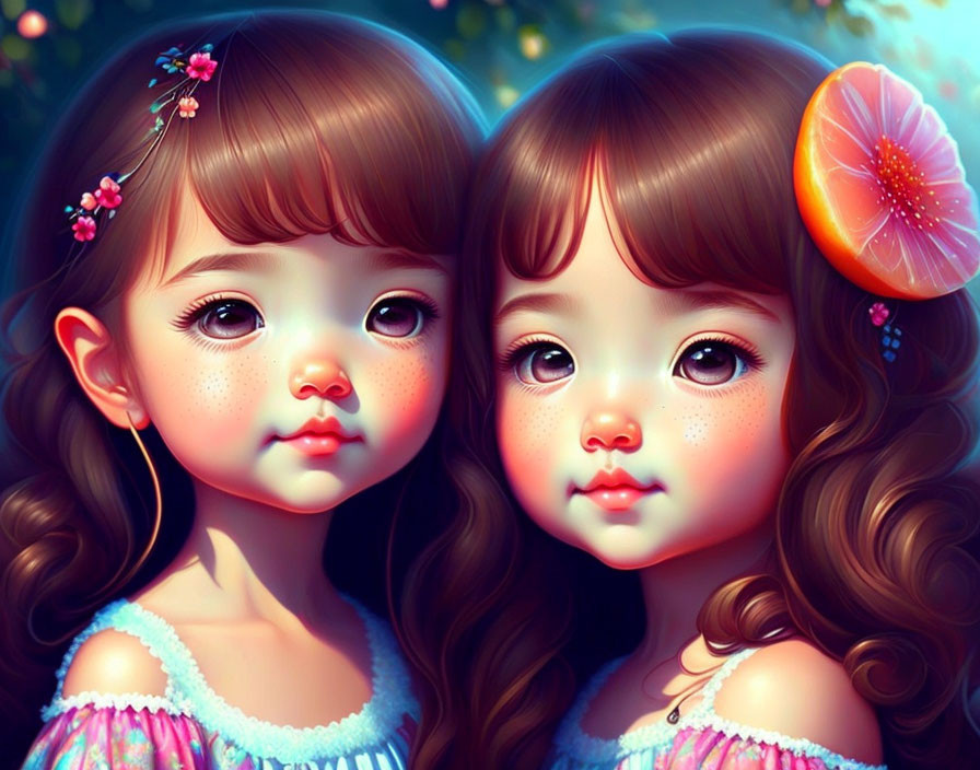 Identical little girls with sparkling eyes and floral hair in digital art