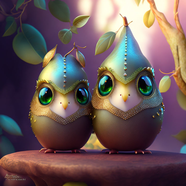 Whimsical stylized owls with expressive eyes and jewel-like decorations under a leafy branch