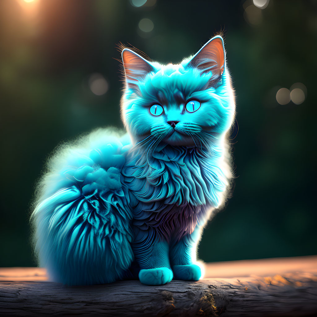 Digitally altered image: Blue fur cat on wooden surface with glowing eyes, green background