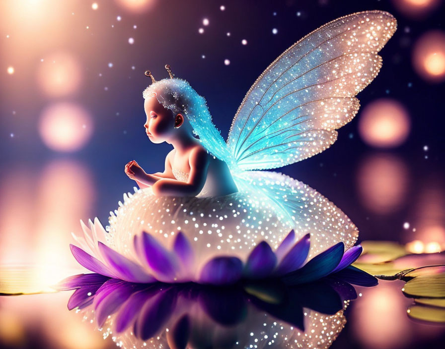 Digital Art: Serene fairy on purple water lily with iridescent wings