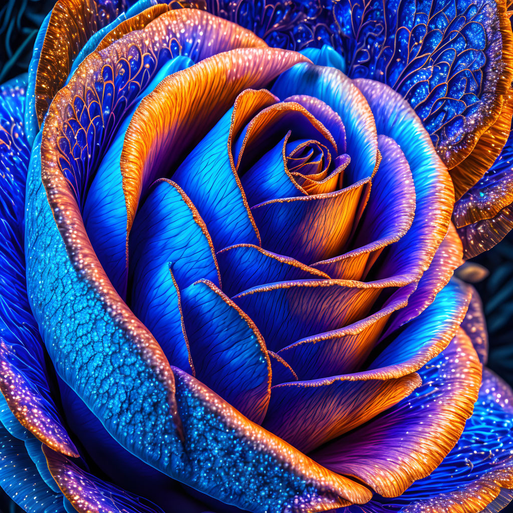 Colorful Digital Artwork: Rose in Neon Blue and Orange Hues