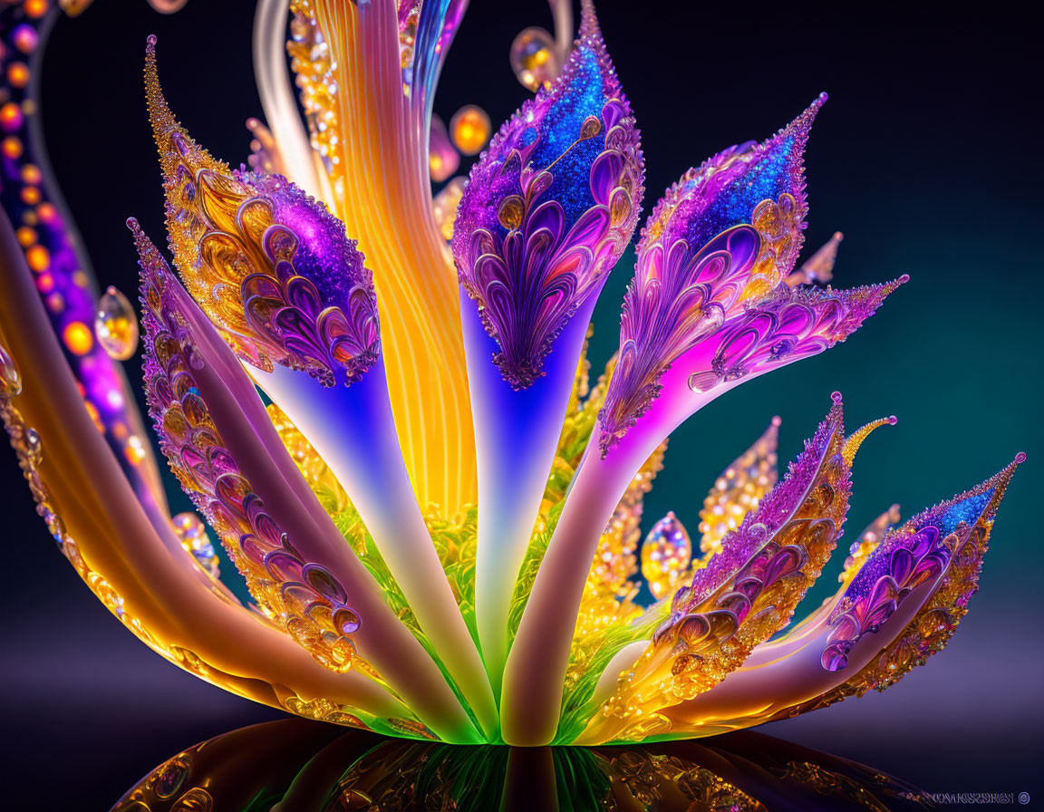 Colorful fractal image of a neon flower on dark surface