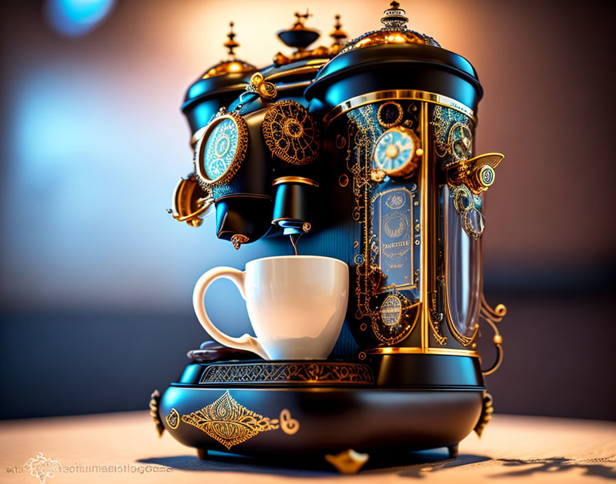 Steampunk-inspired coffee machine with gold details dispensing coffee into elegant white cup