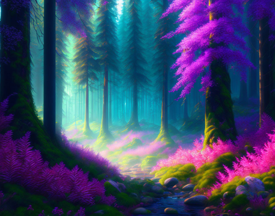 Vibrant Purple Foliage in Misty Forest Scene
