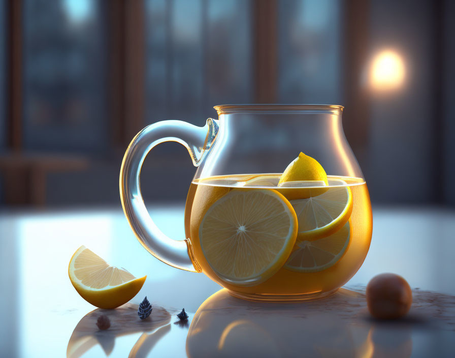 Glass teapot with sliced lemons on countertop in warm sunlight