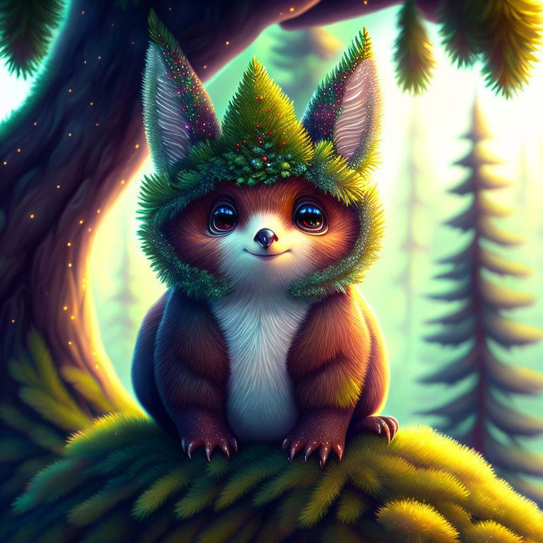 Whimsical fennec fox-like creature in enchanted forest setting