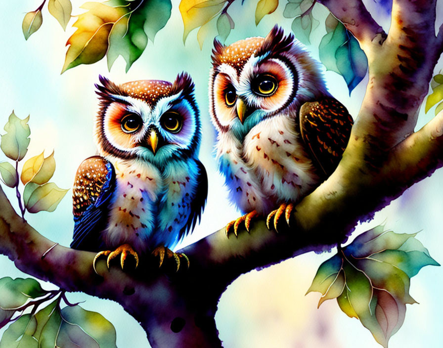 Colorful Illustrated Owls Perched on Tree Branch