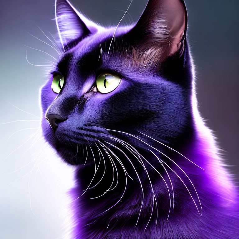 Purple Cat with Green Eyes on Gradient Background