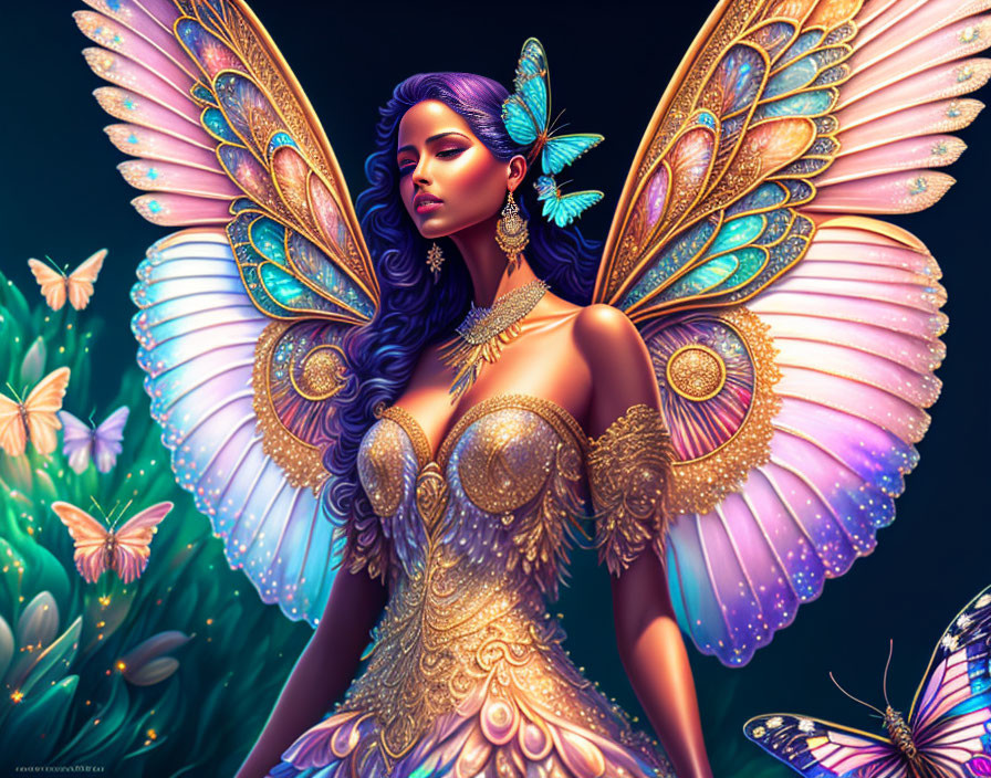 Fantasy digital artwork of woman with butterfly wings and jewelry