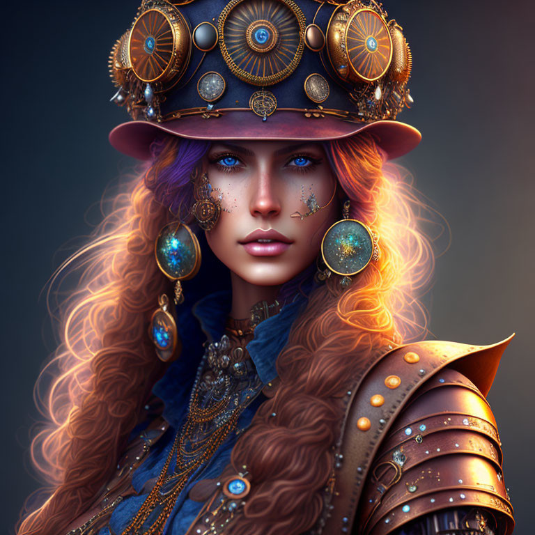 Fantasy portrait of woman with blue eyes and ornate headgear in mystical setting