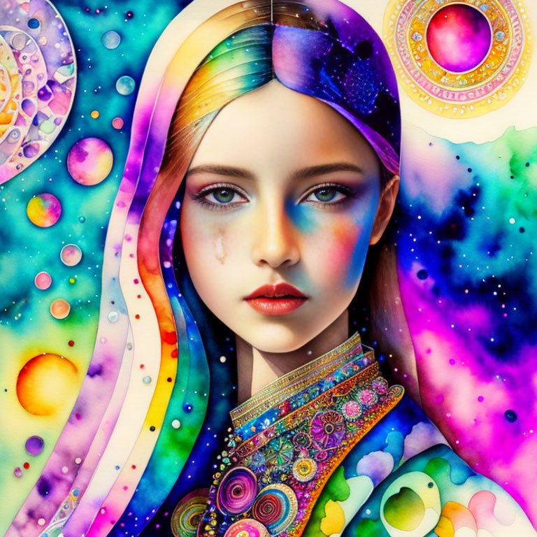 Colorful Digital Artwork of Girl with Cosmic Patterns on Celestial Background